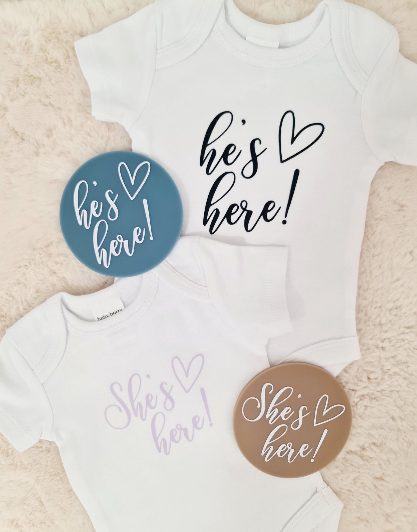 "He's here" baby announcement onesie