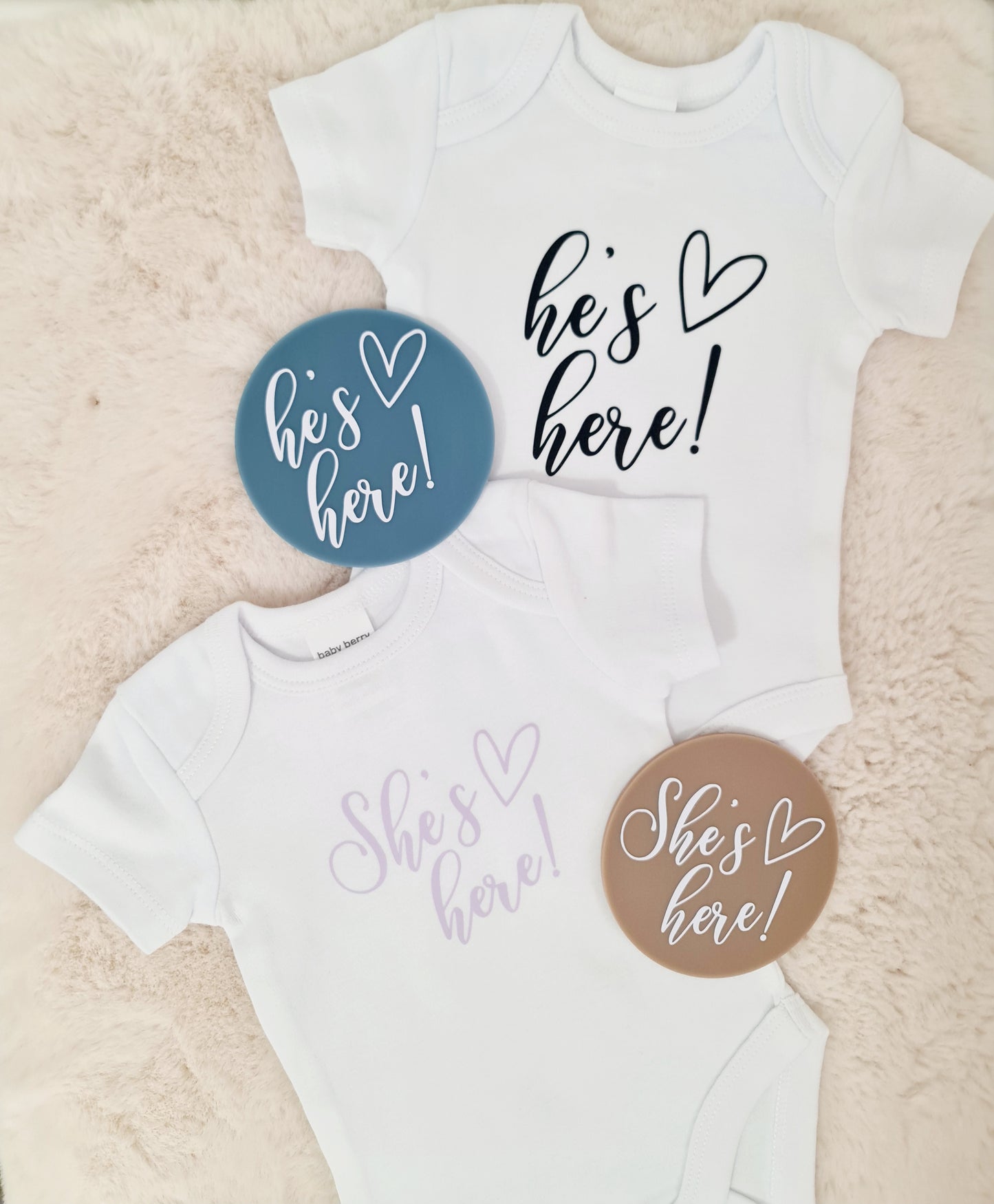 "He's here" baby announcement onesie