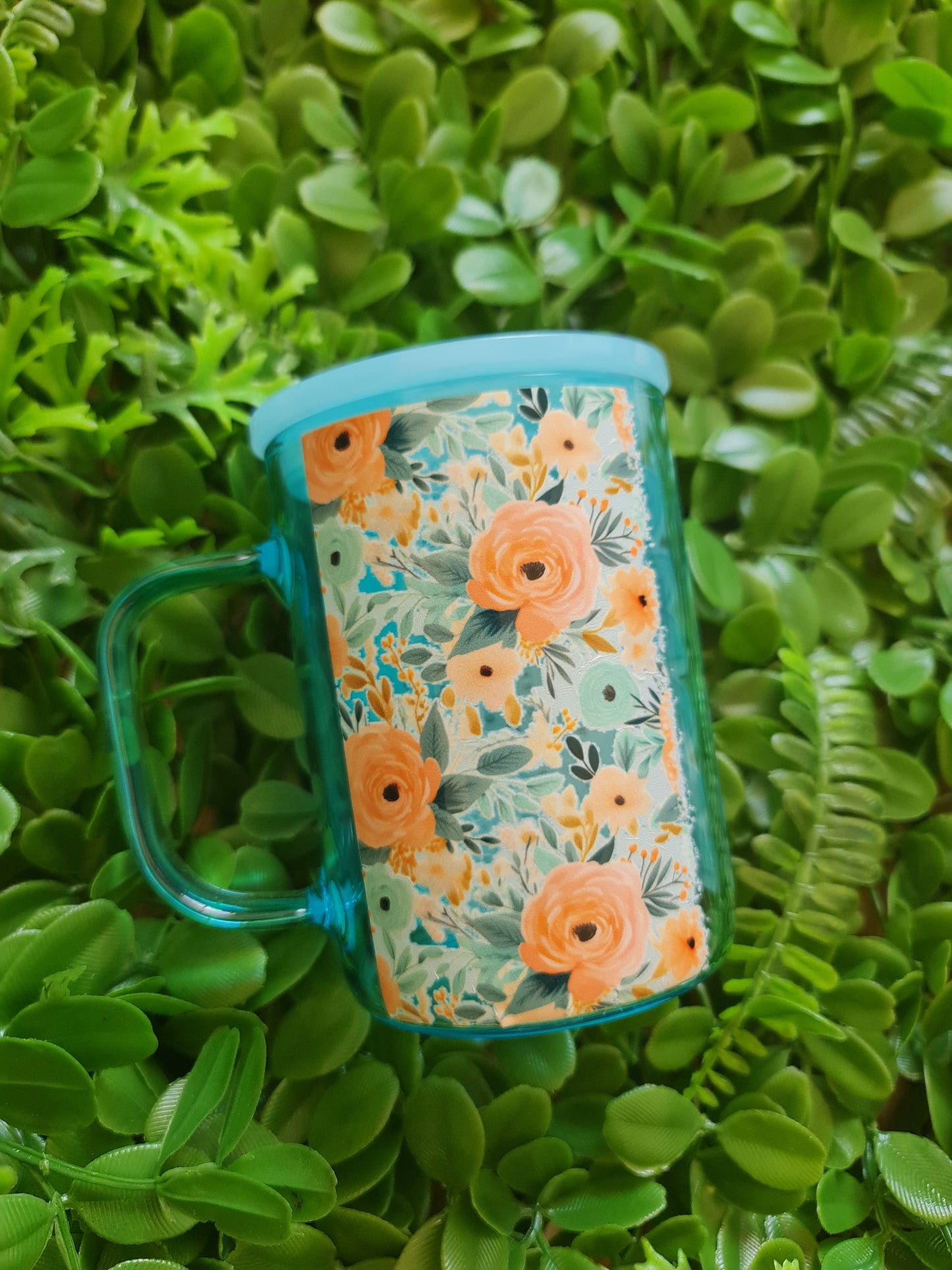 Blue floral mum glass mug with handle