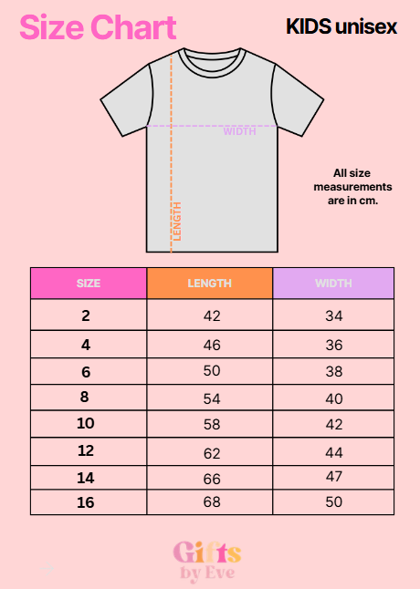 Size chart for kids' t-shirts with measurements on a pink background