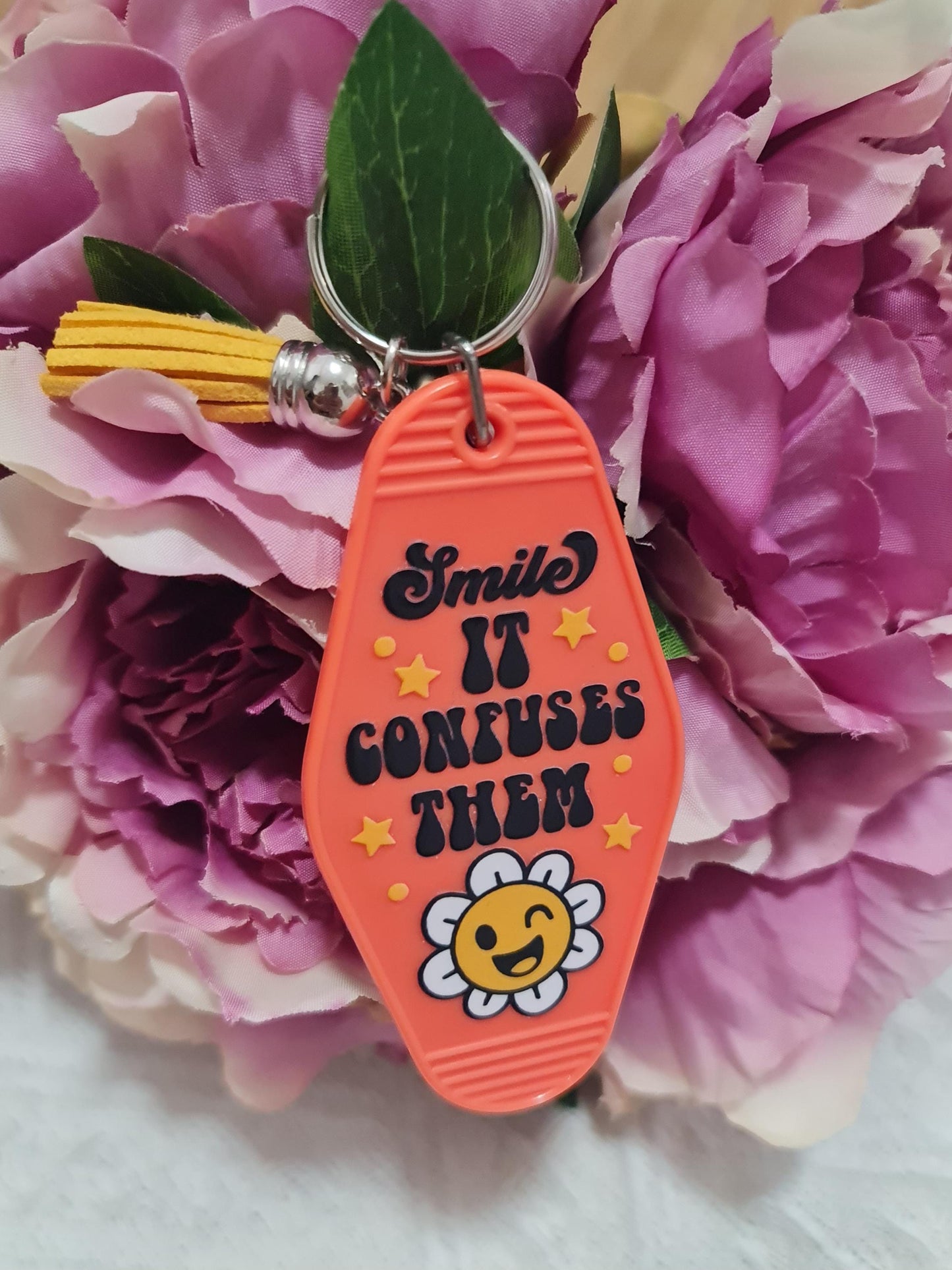 Motel keychain, acrylic keychain, trendy motel keychains, smile it confuses them