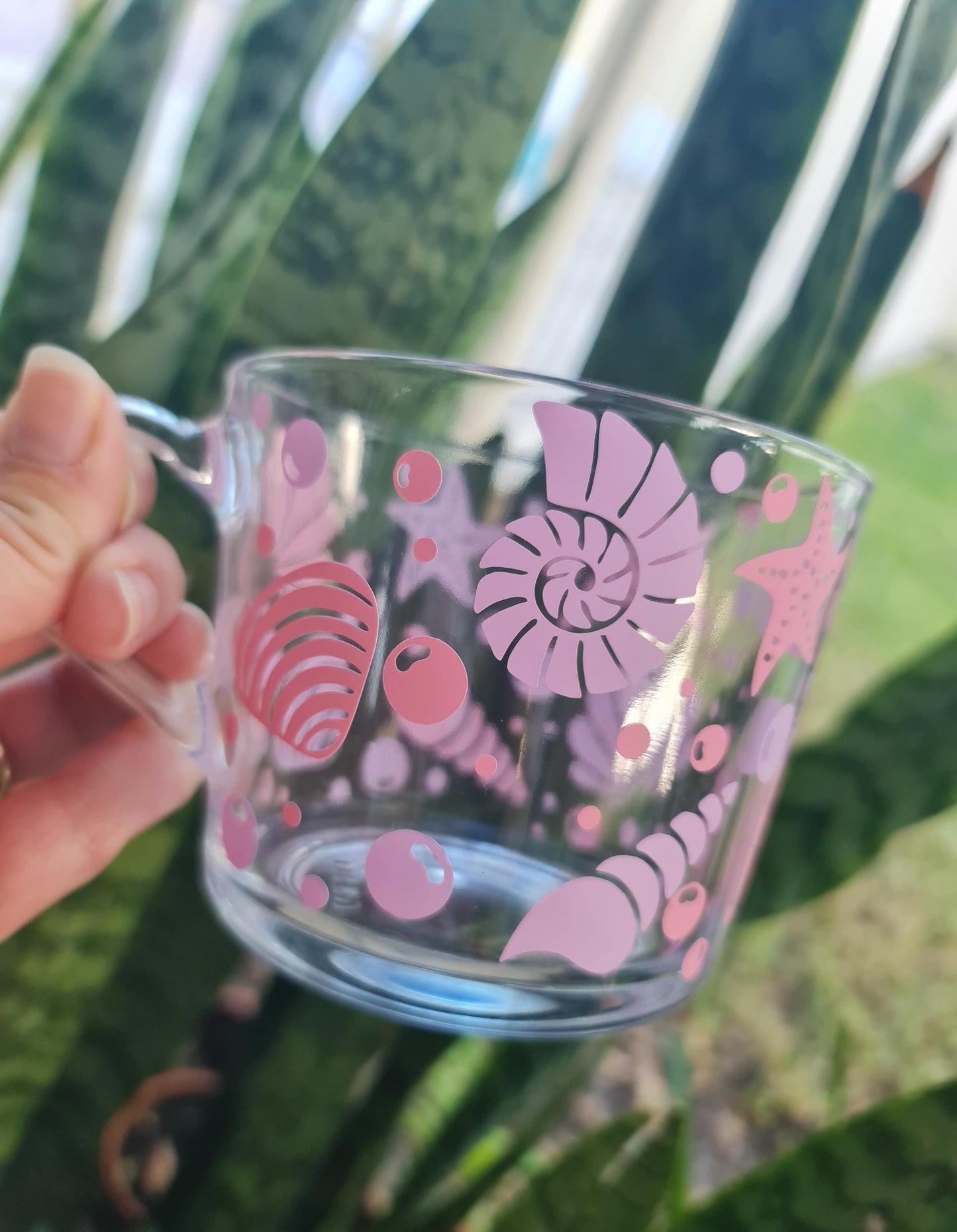Seashells glass cup, glass coffee mug, Ocean theme cup,