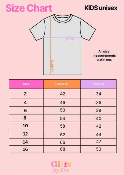 Size chart for kids' t-shirts with measurements on a pink background