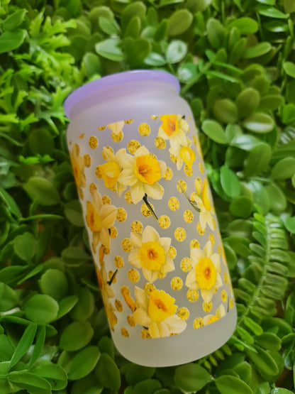 floral mum frosted glass can 16oz with lid and straw