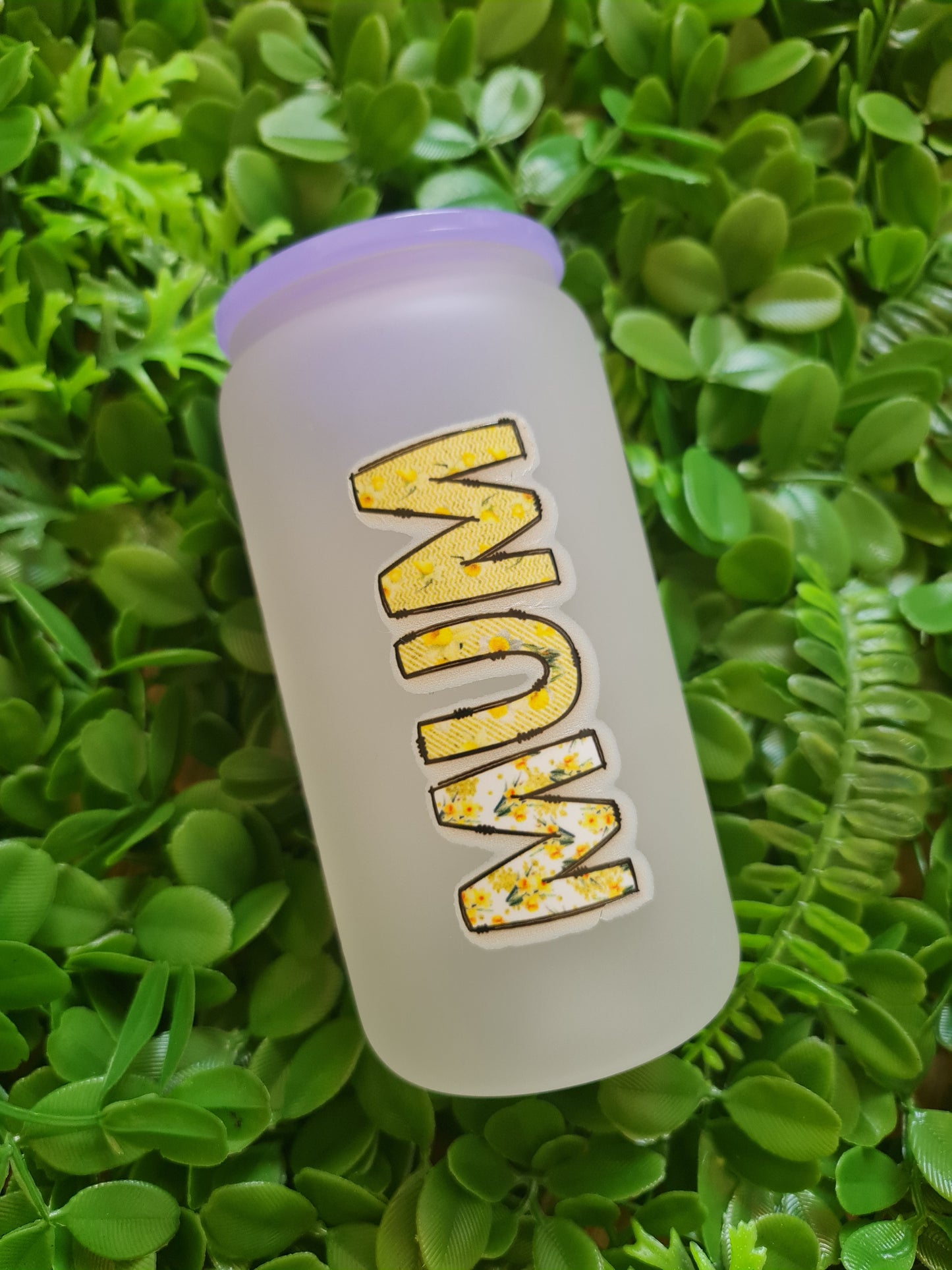floral mum frosted glass can 16oz with lid and straw