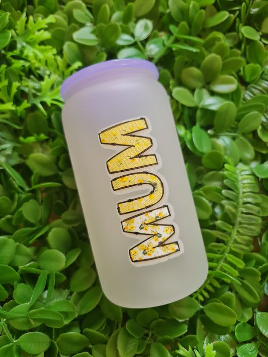 floral mum frosted glass can 16oz with lid and straw