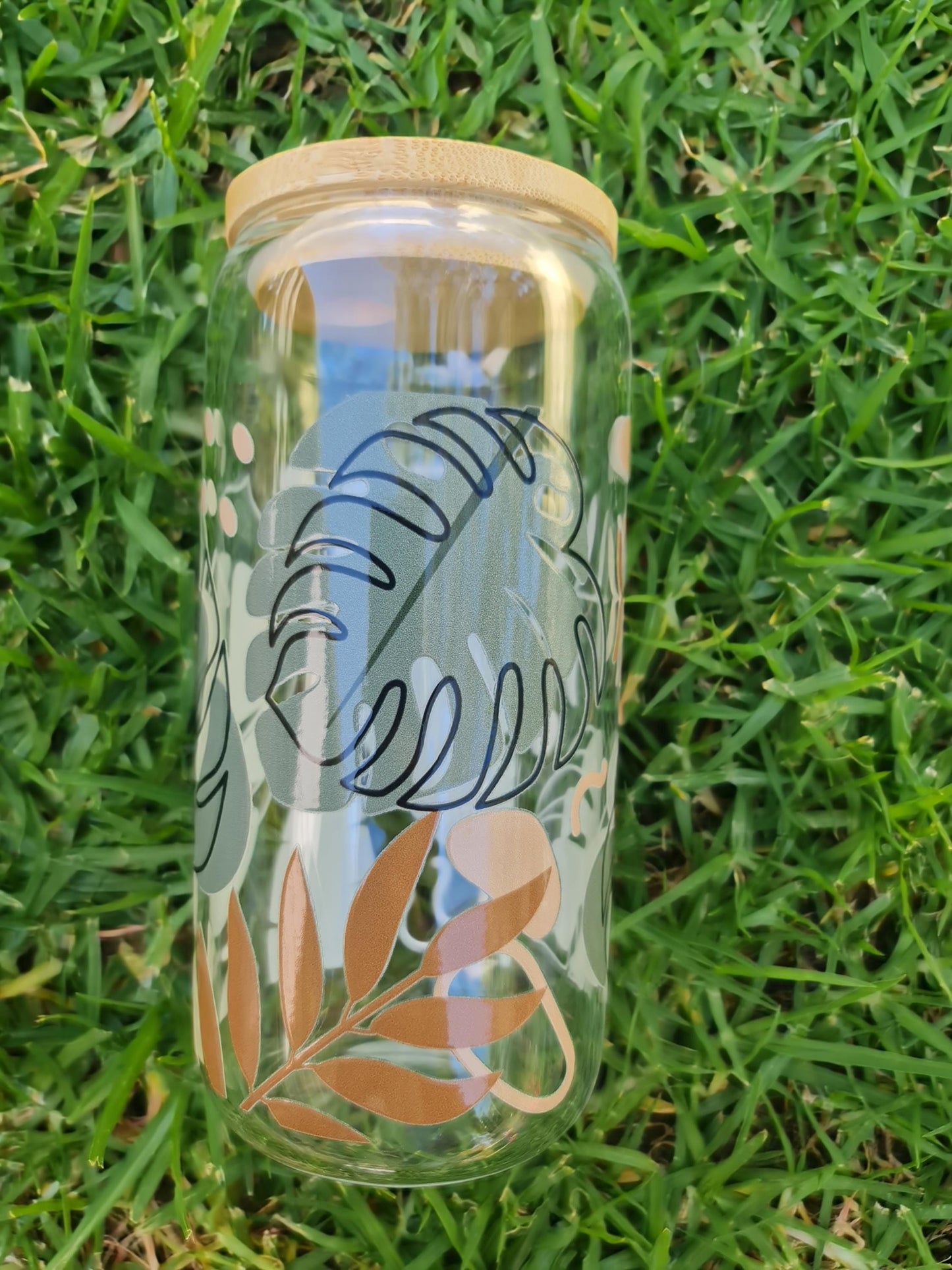 Monstera leaf glass cup, libbey style glass cup 16oz