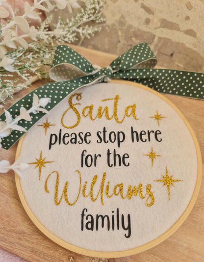 Personalised Santa sign, Santa please stop here, felt decoration, Santa sign, felt hoop decor, Christmas decor