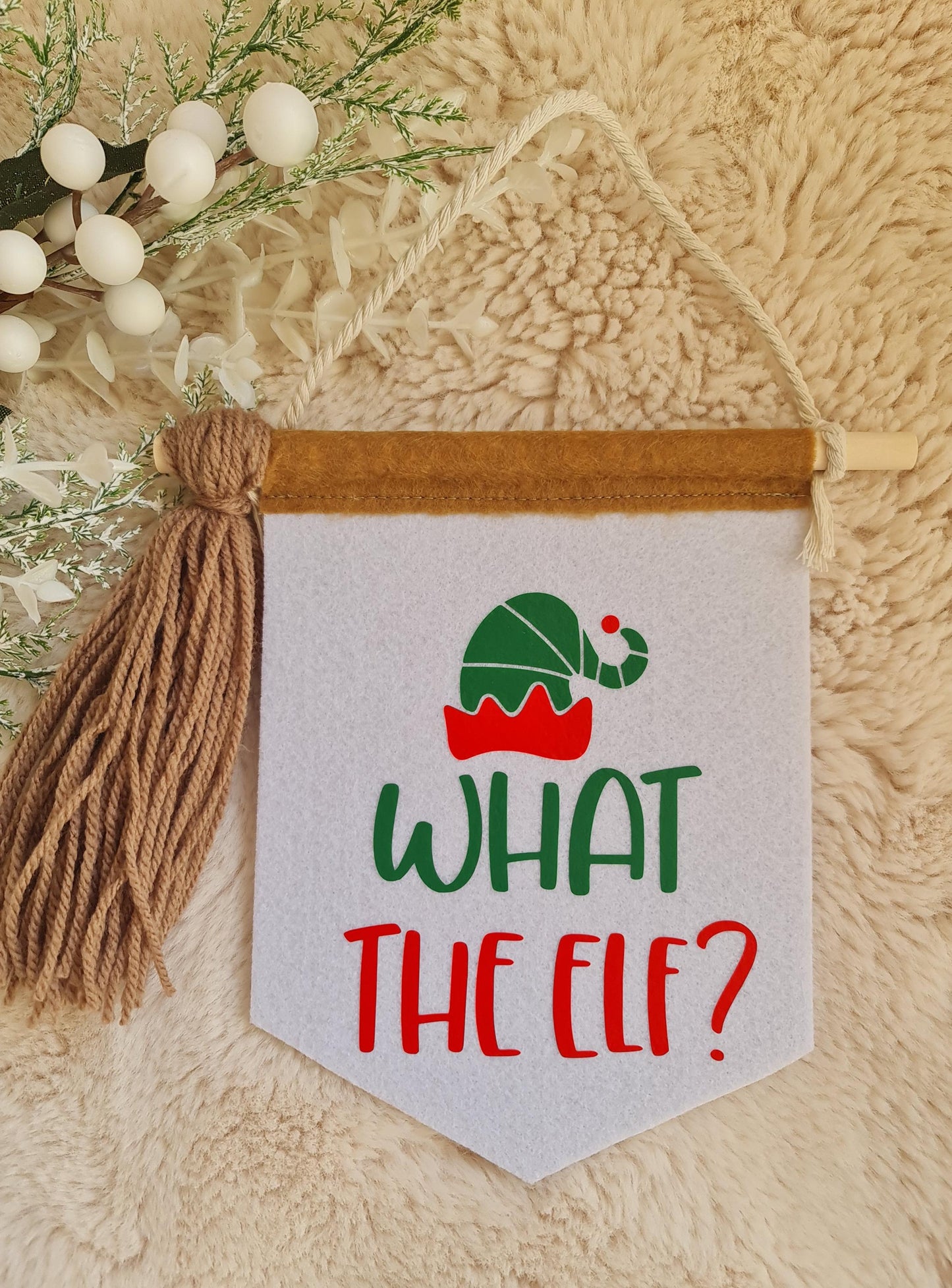 What the elf banner, felt banner, Christmas decor