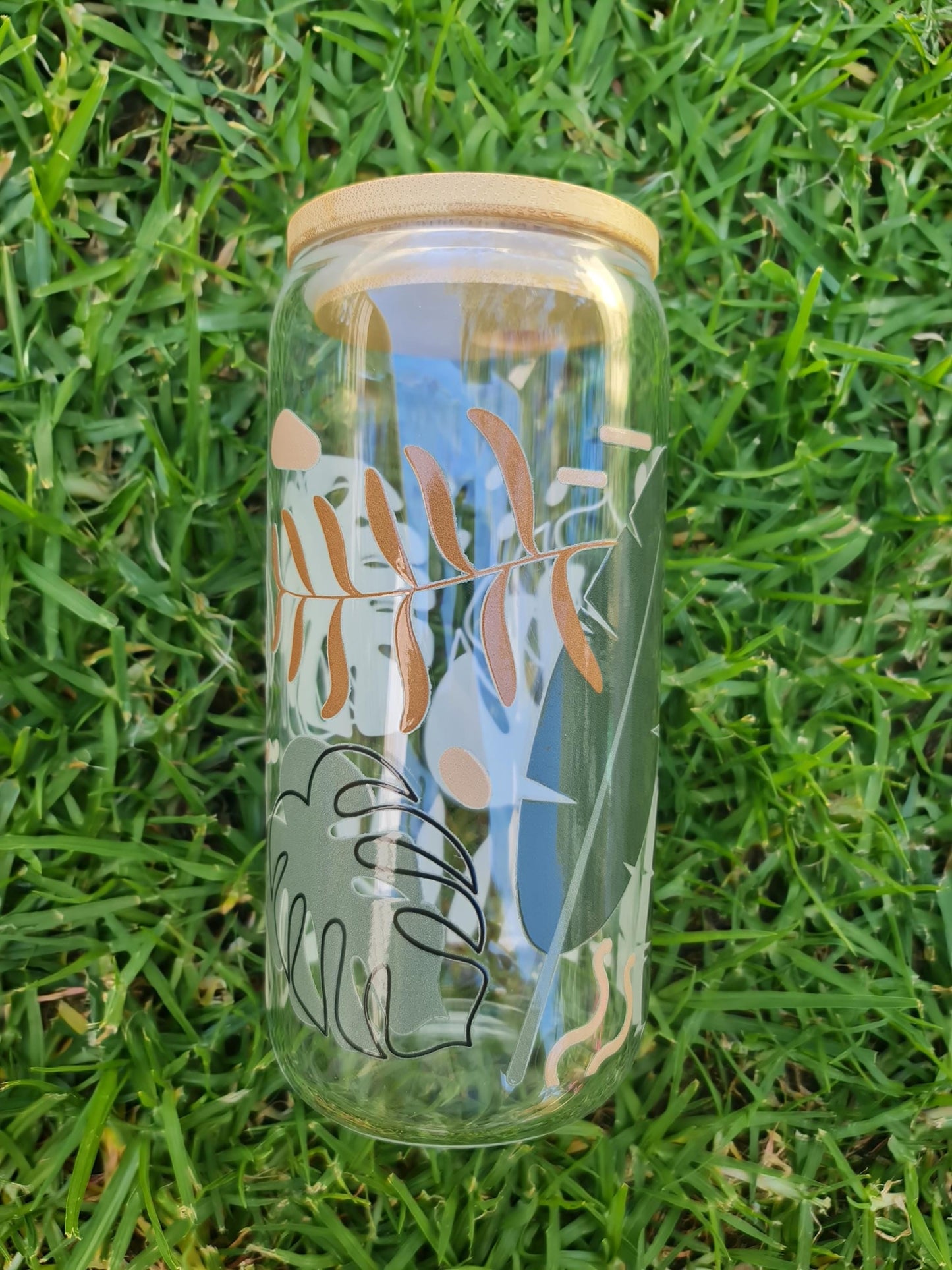 Monstera leaf glass cup, libbey style glass cup 16oz