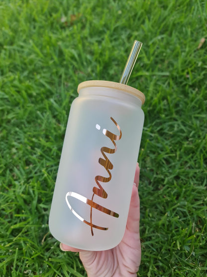 Personalised frosted glass cup 16oz, libbey style glass cup, Name cup, Bridal party cups, Bride and groom drinkware