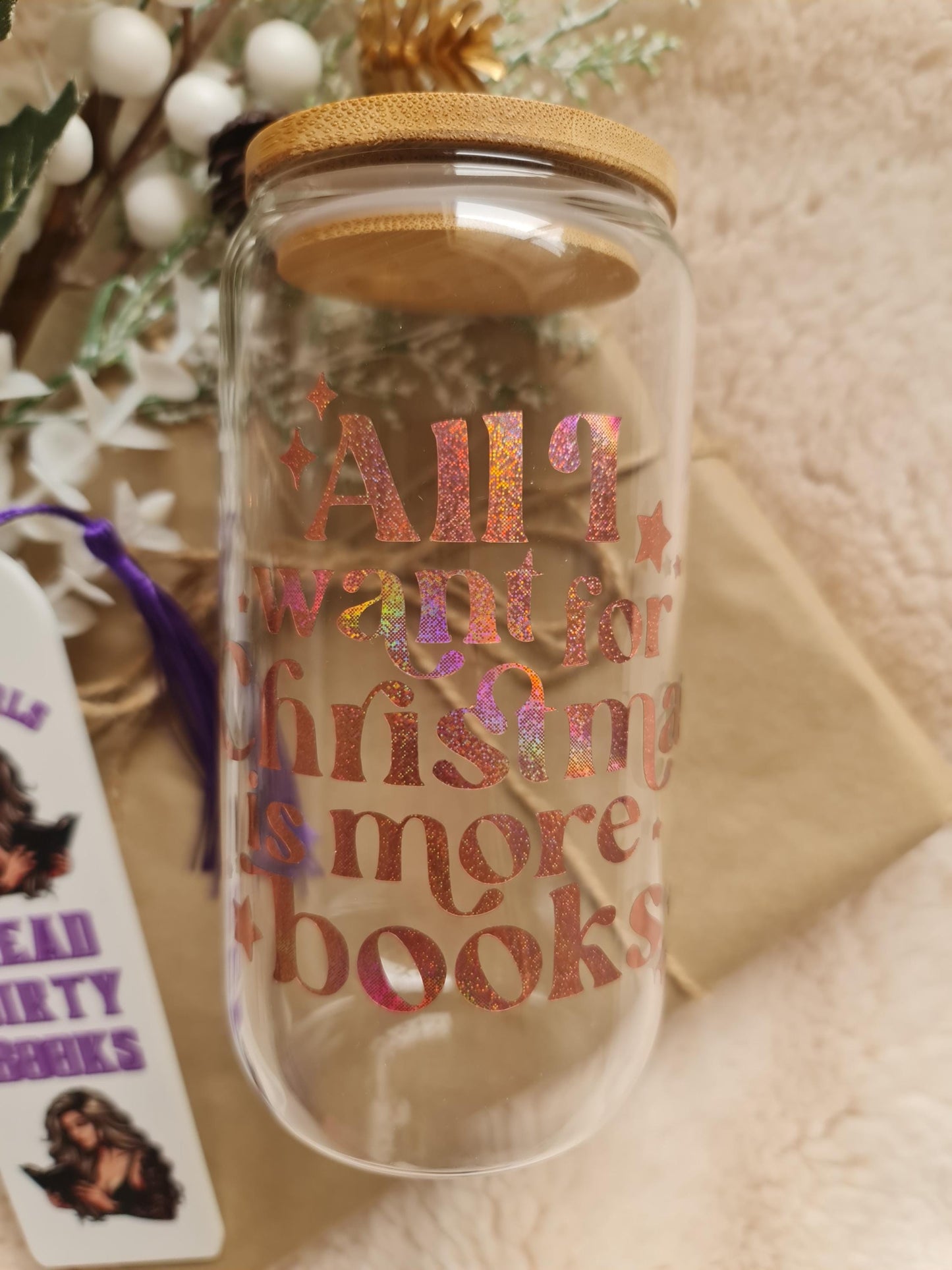 Bookish tumbler, All I Want For Christmas Is More Books glass cup 16oz, Glass tumbler, Christmas theme, Christmas gift