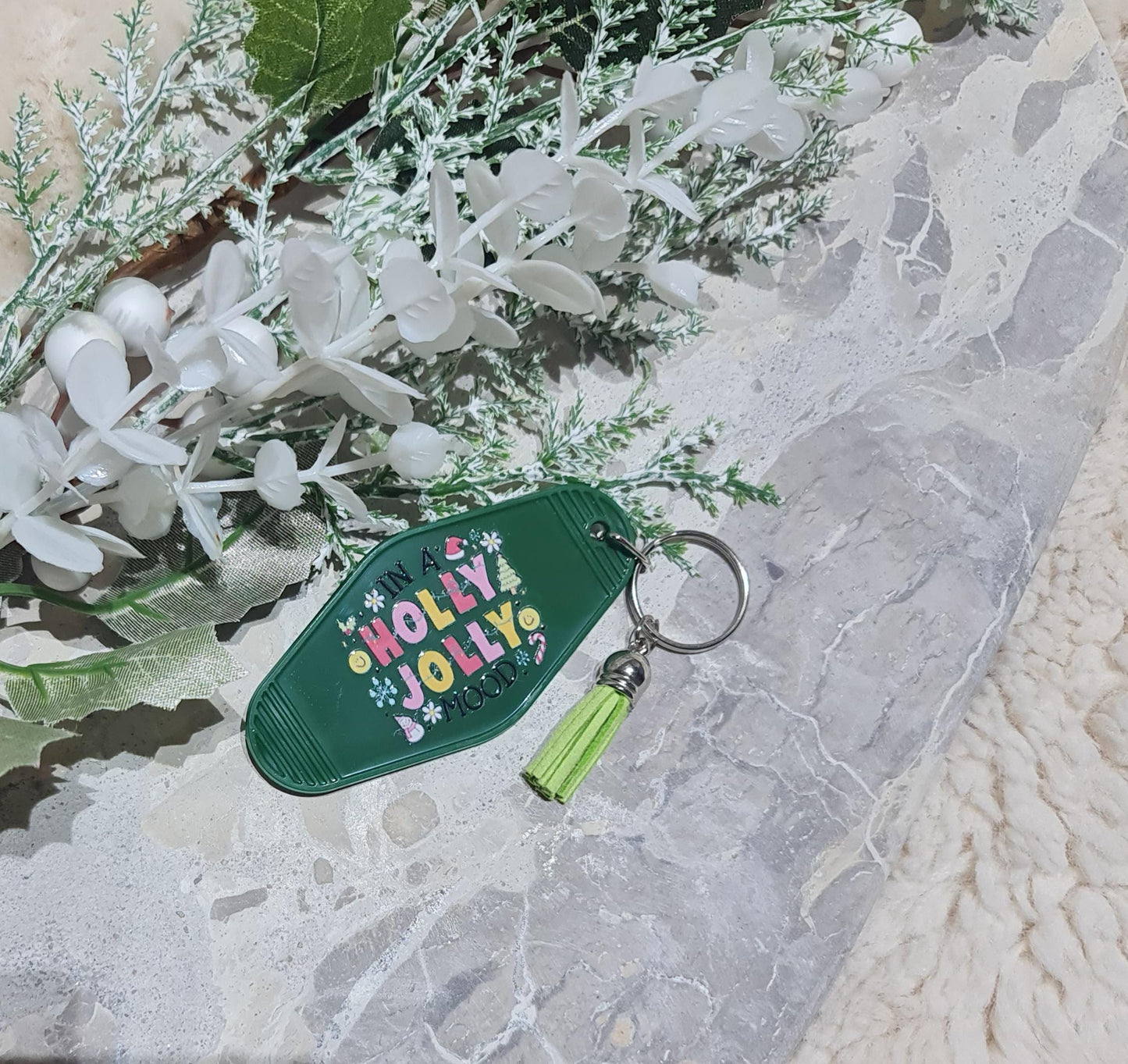 Motel keychain, Holly Jolly, Christmas vibes keychain