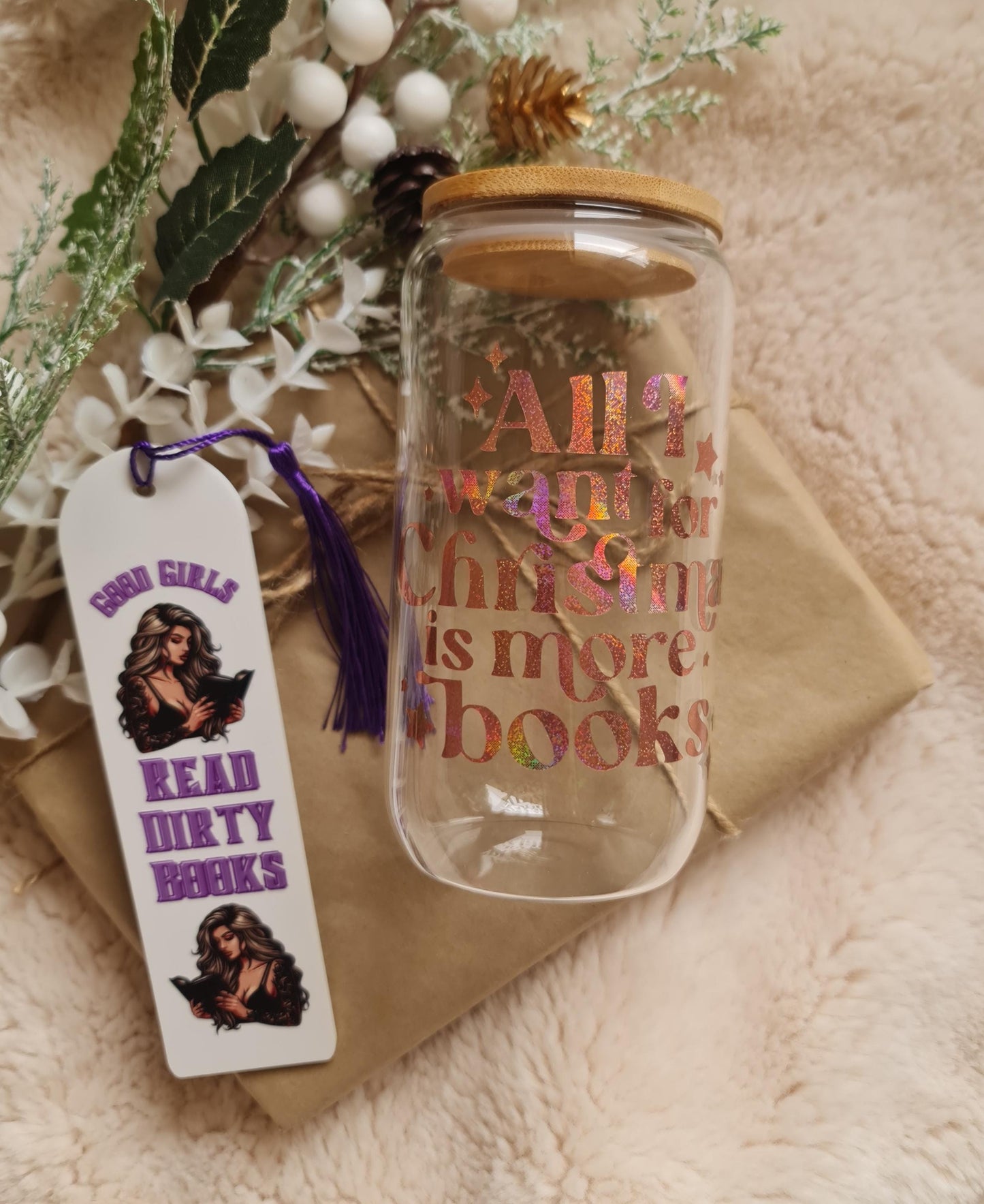 Bookish tumbler, All I Want For Christmas Is More Books glass cup 16oz, Glass tumbler, Christmas theme, Christmas gift