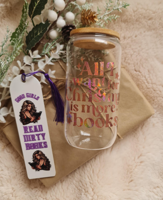 Bookish tumbler, All I Want For Christmas Is More Books glass cup 16oz, Glass tumbler, Christmas theme, Christmas gift