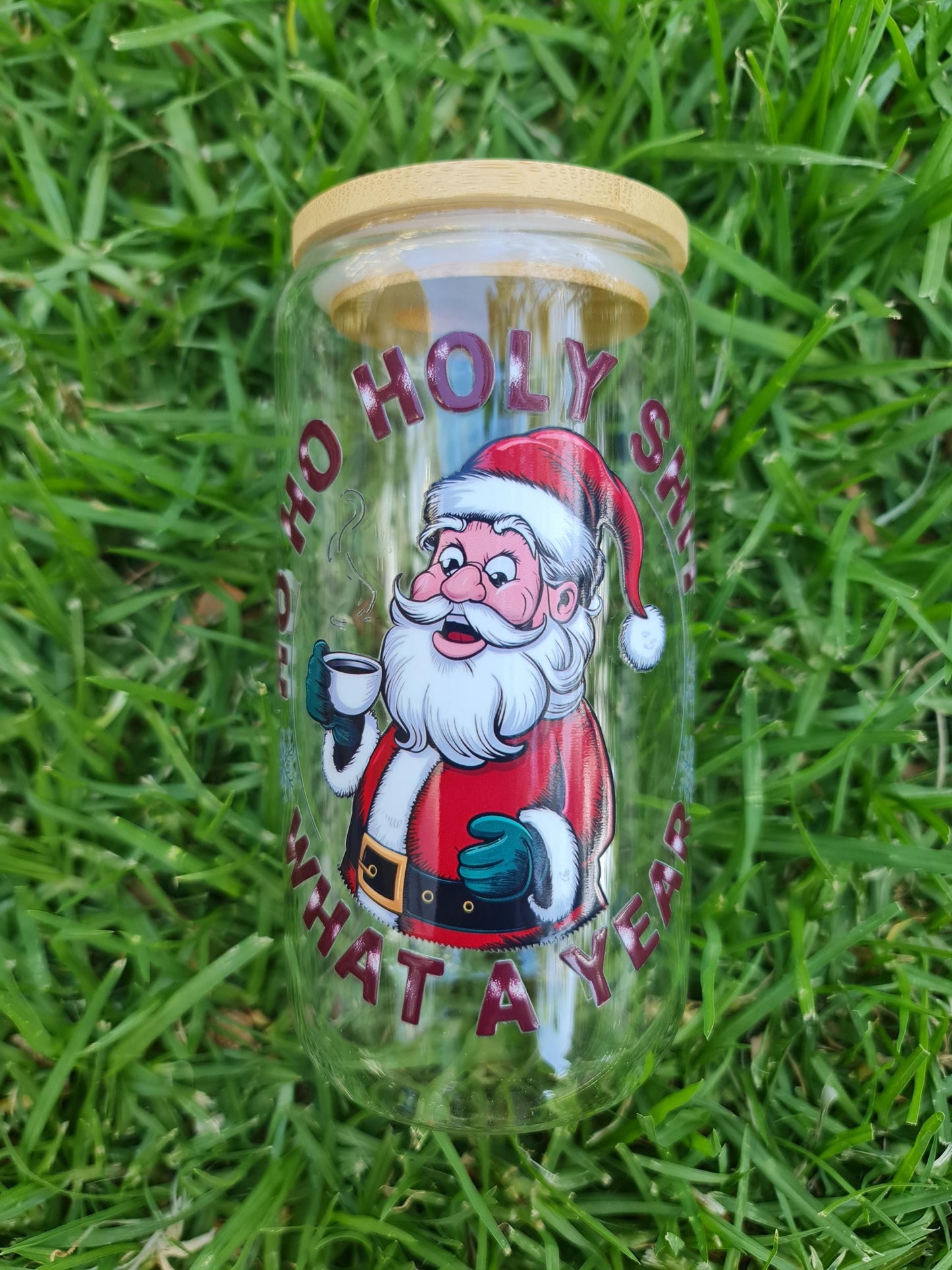 Christmas glass tumbler, glass cup 16oz, Christmas theme, fun Christmas tumbler, Holy s**t what a year