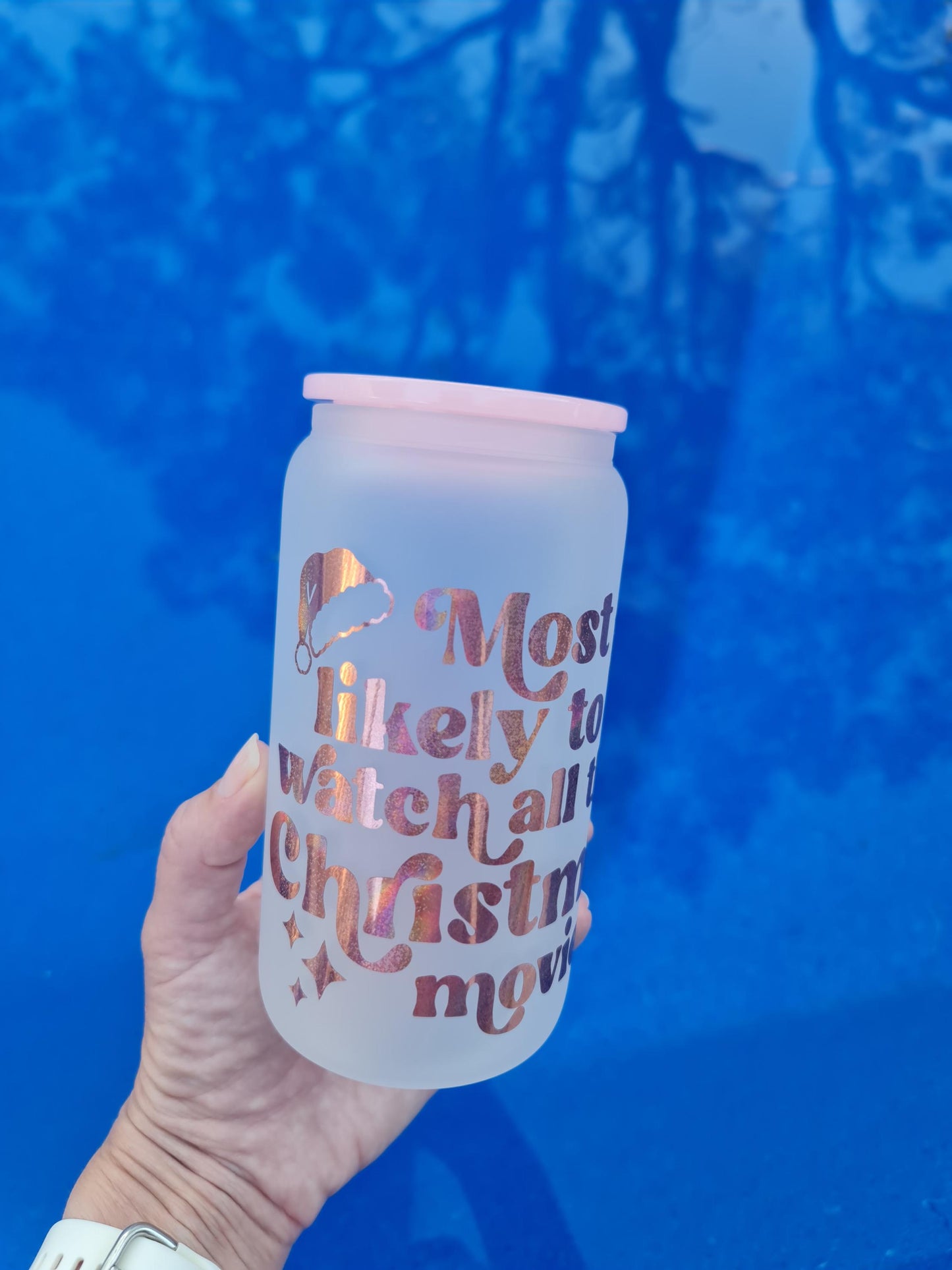 Most likely Christmas theme, Christmas movies glass cup 16oz, Christmas movies lover, Glass tumbler, Christmas theme, Christmas gift
