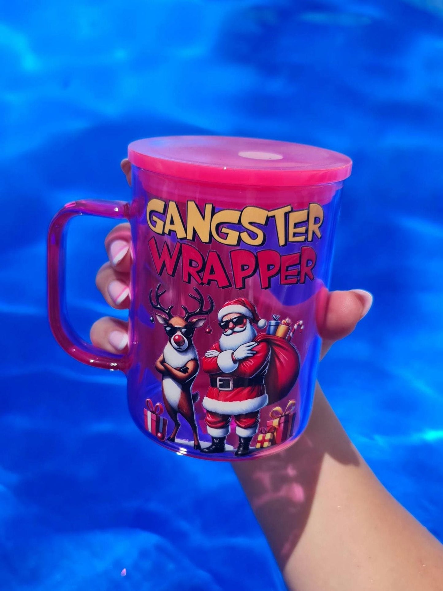 Pink glass mug with handle, Christmas design  tumbler 17oz, Gangster wrapper cup