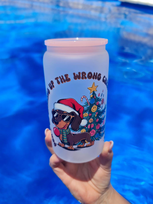 Christmas glass cup frosted, Christmas frosted glass tumbler 16oz, Sausage dog, Daschie, Christmas theme, Christmas gift