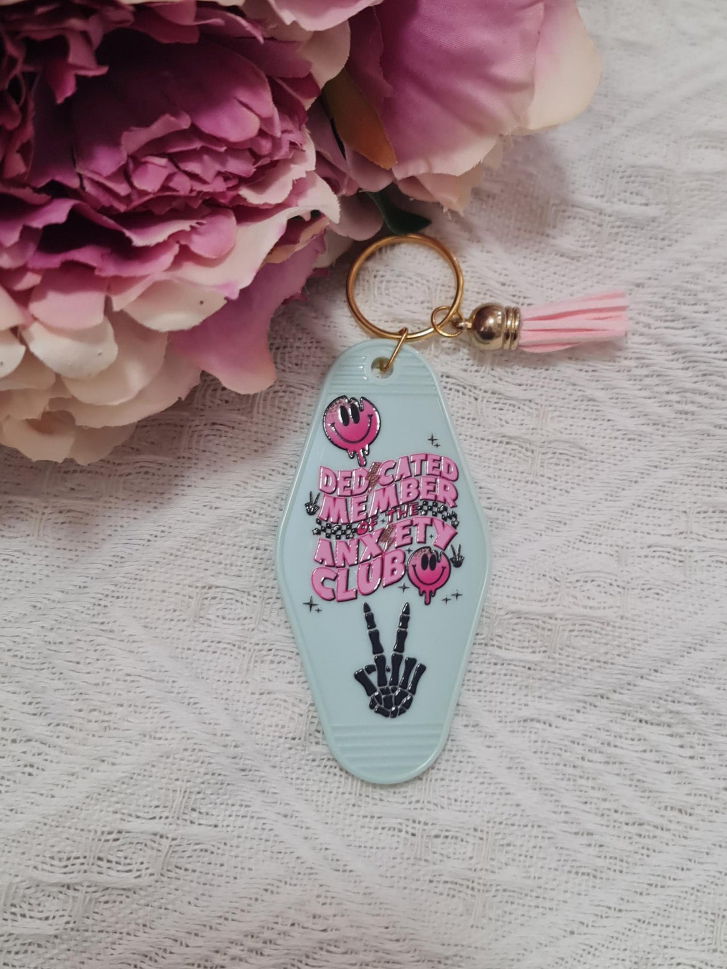 Motel keychain, acrylic keychain, trendy motel keychains, anxiety club