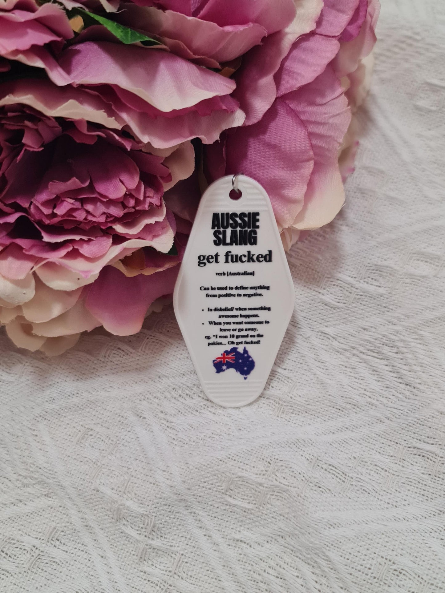Motel keychain, acrylic keychain, trendy motel keychains, aussie slang keychain, aussie gift