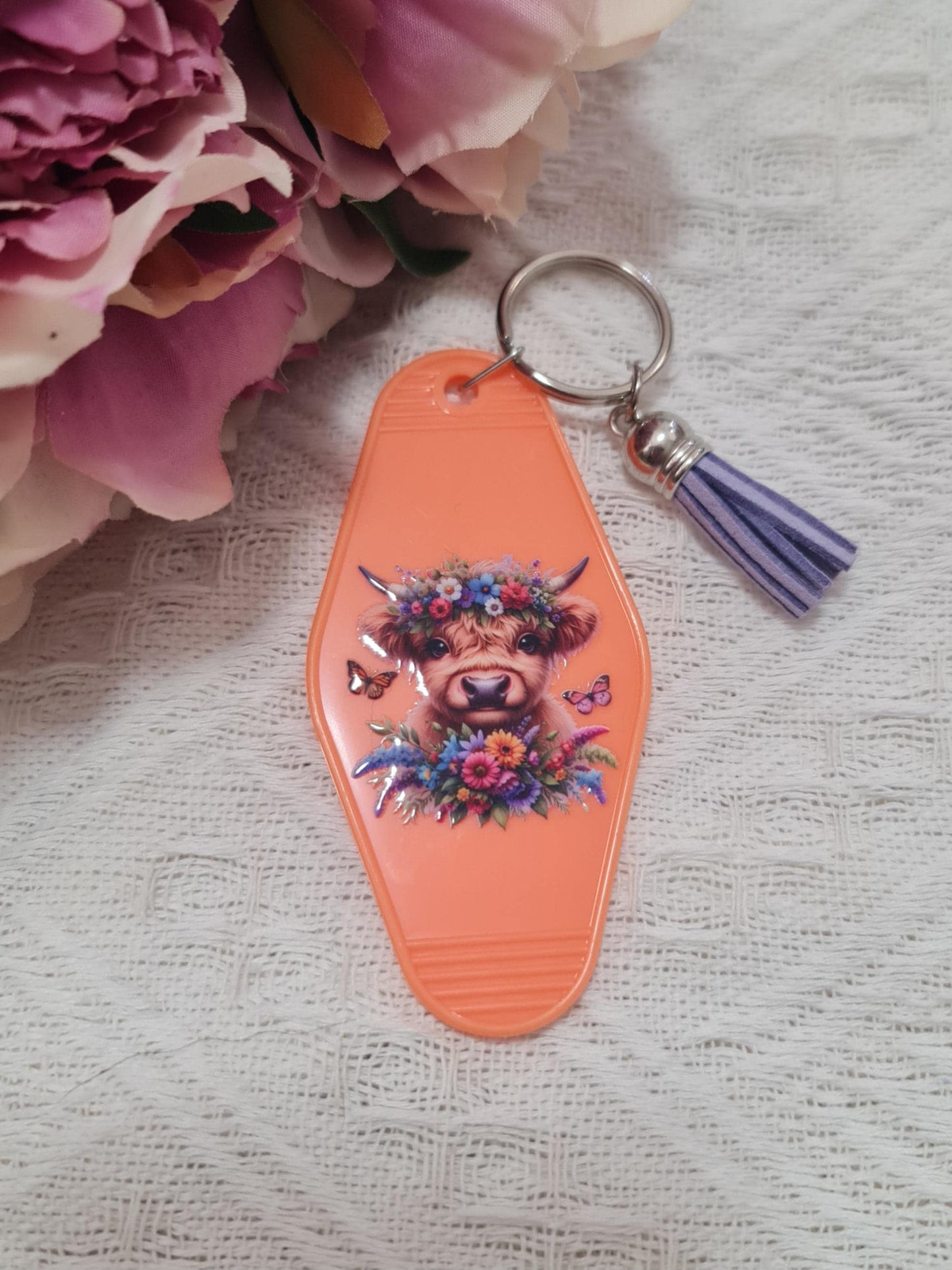 Motel keychain, acrylic keychain, trendy motel keychains, highland cow