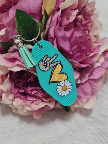 Motel keychain, acrylic keychain, trendy motel keychains, peace love flowers