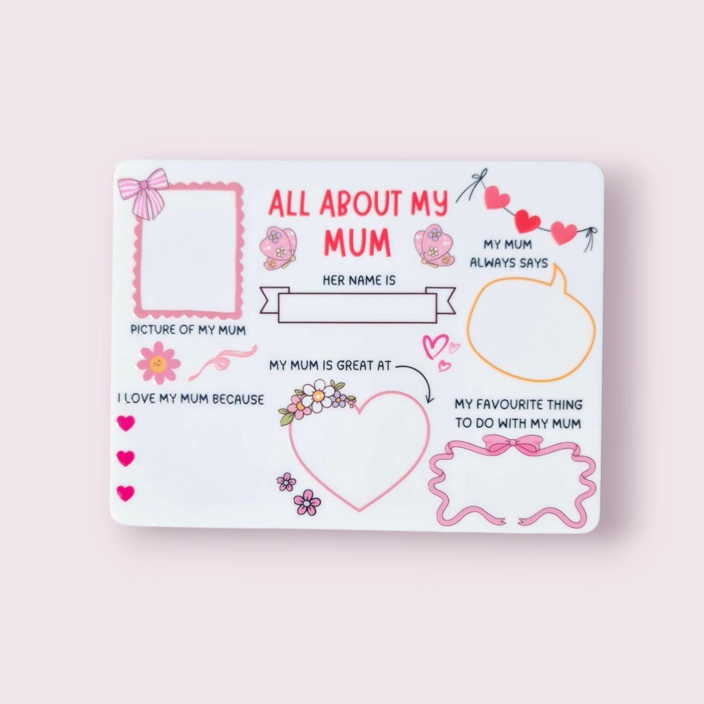 All about my mum reusable board for Mother's Day, mum gift, gift from kids, customisable, mum plaque