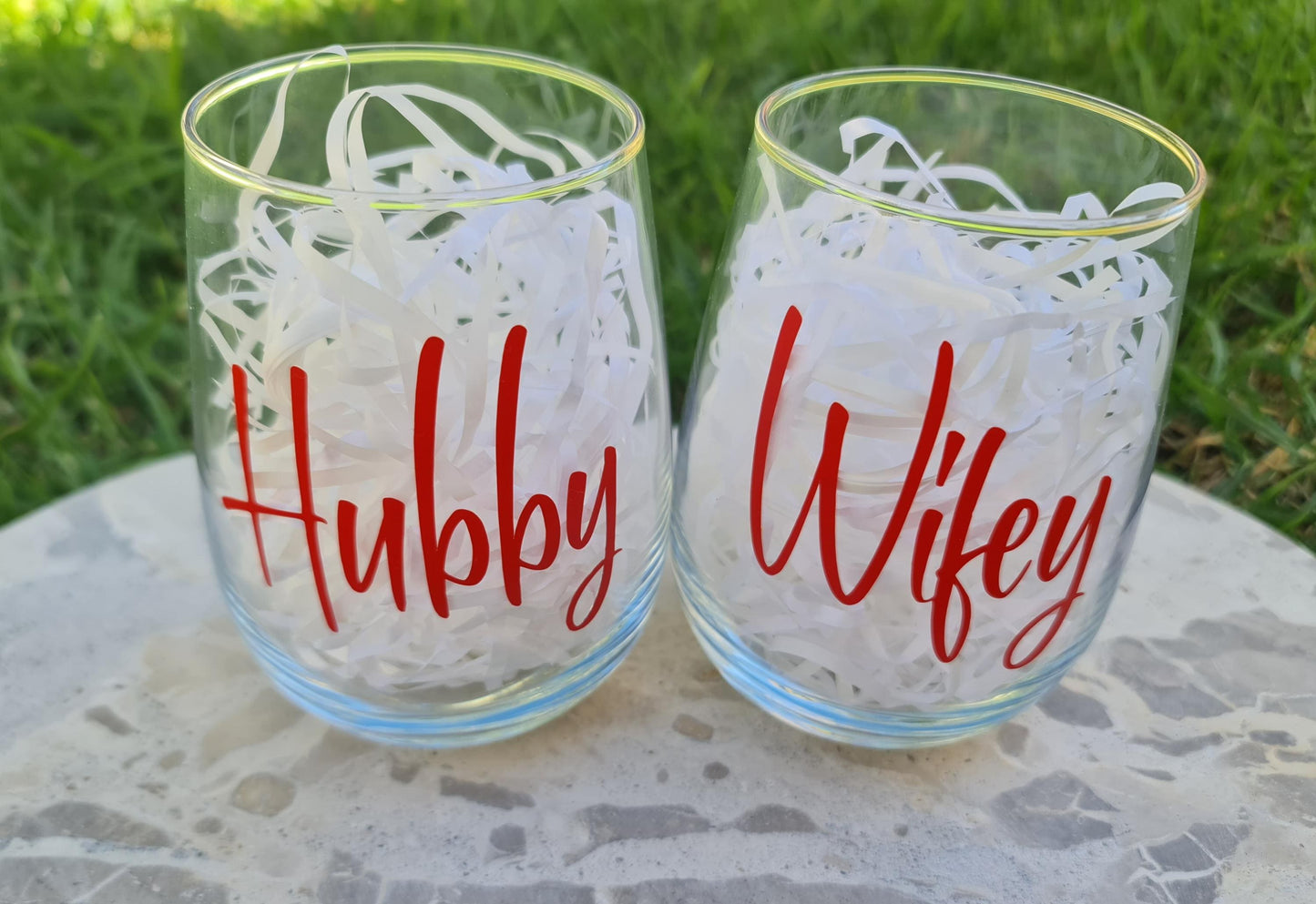Wifey Hubby Stemless Wine Glass Set: Couple Gift