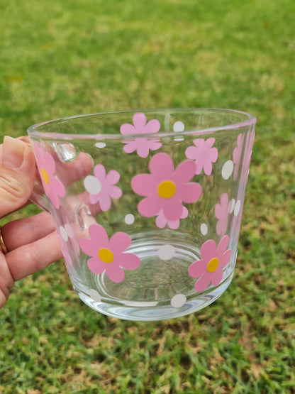 Daisy glass cup, glass coffee mug, flower theme cup,