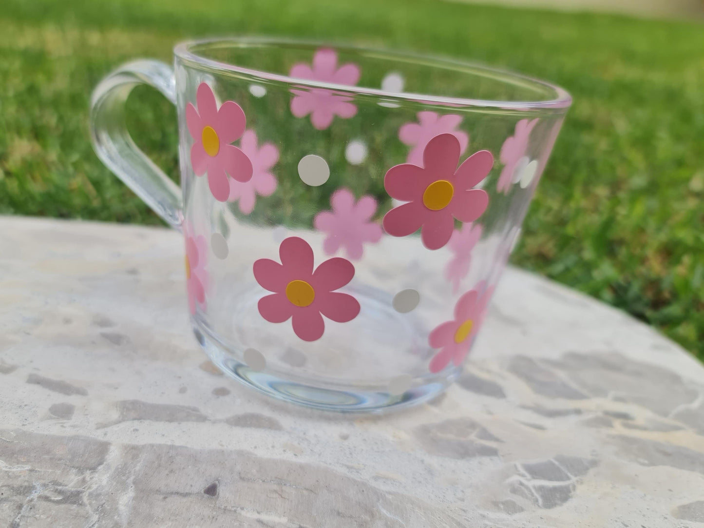 Daisy glass cup, glass coffee mug, flower theme cup,