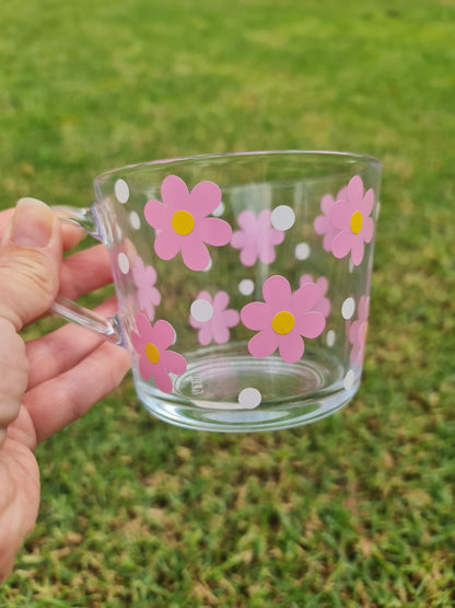 Daisy glass cup, glass coffee mug, flower theme cup,