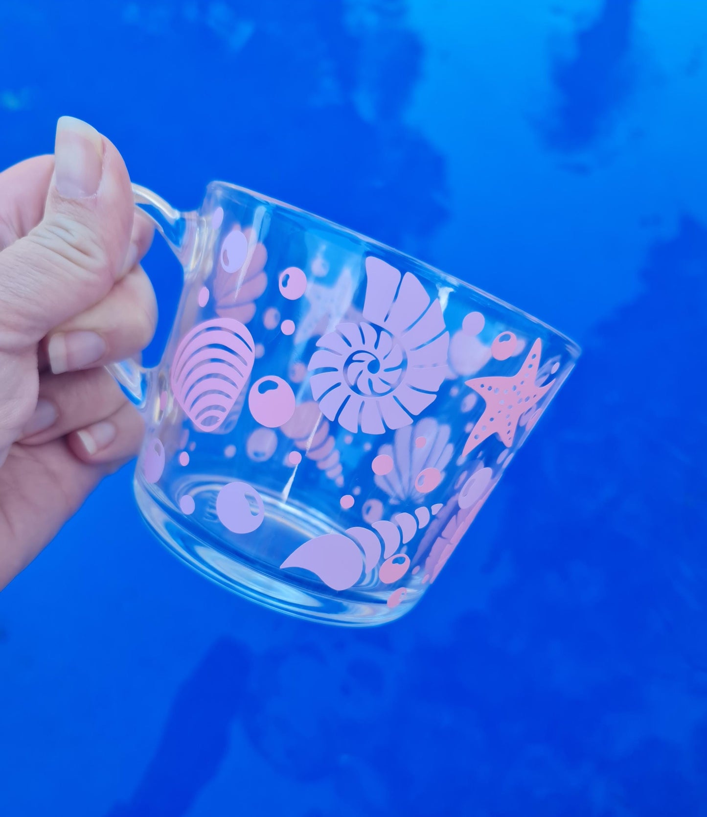 Seashells glass cup, glass coffee mug, Ocean theme cup,