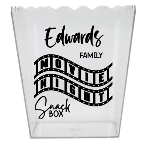 Personalised Movie Night Snack Box, Popcorn box, Snack Tub, Family Night, Acrylic Popcorn Bucket