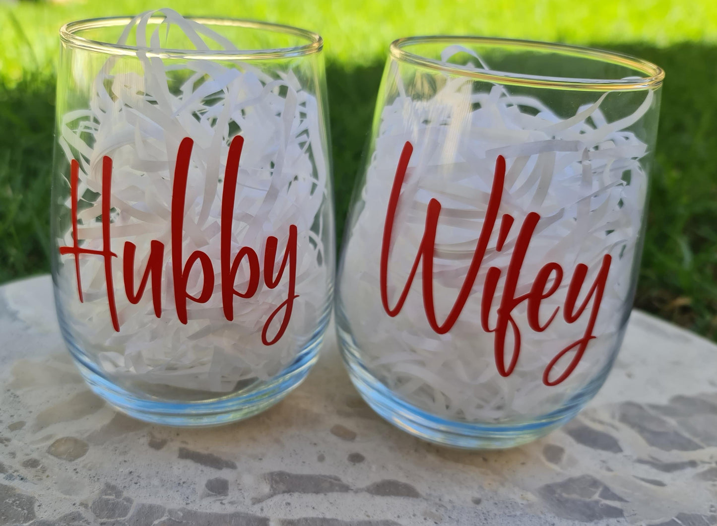 Wifey Hubby Stemless Wine Glass Set: Couple Gift