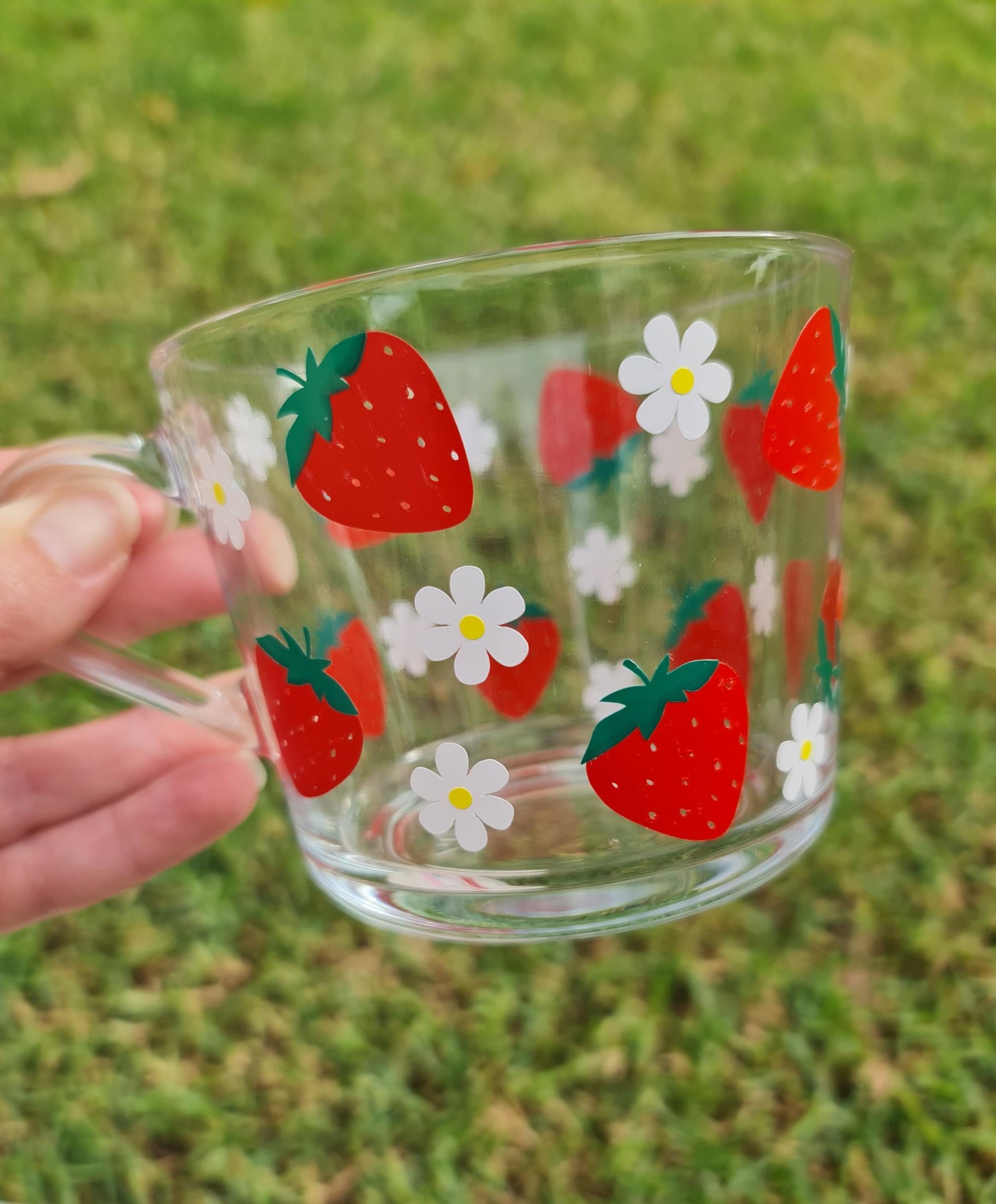 Strawberry glass cup, glass coffee mug, berry cup,