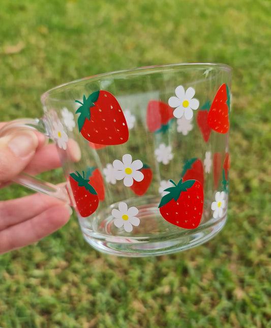 Strawberry glass cup, glass coffee mug, berry cup,