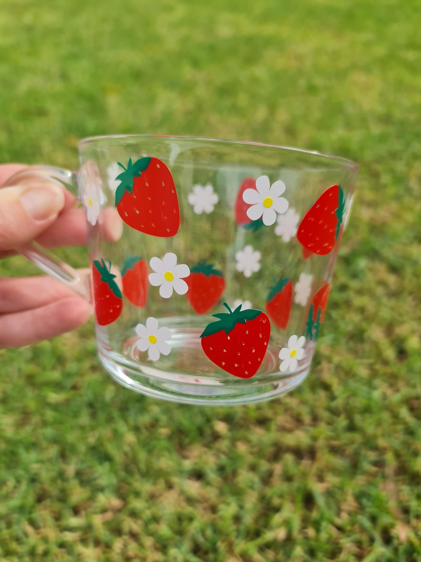 Strawberry glass cup, glass coffee mug, berry cup,