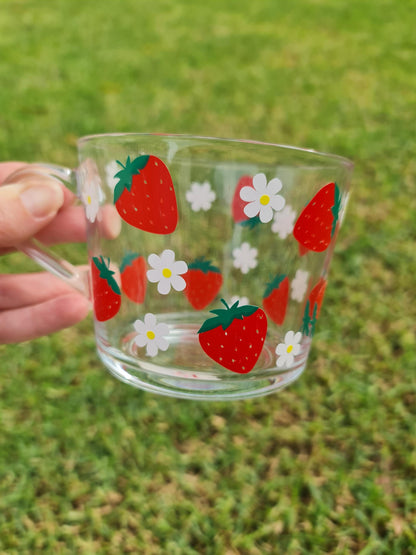 Strawberry glass cup, glass coffee mug, berry cup,