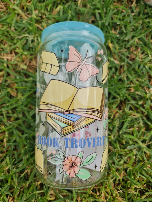 Booktrovert Glass can, Bookish  glass tumbler, gift cup 16oz