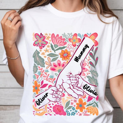 Personalised Mum Shirt with Kids Names, Children Holding Mums Hand T Shirt, Custom Mama Gift, Mothers Day Top