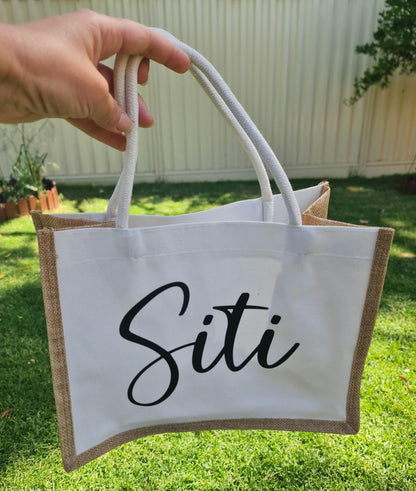 Personalised Canvas Tote Bag, Custom Name Burlap Shopper,  Reusable Market Bag, Teacher Gift, Bridesmaid Tote