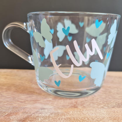 Personalised Butterfly Glass Mug, Custom Name Coffee Cup, Aesthetic Clear Mug, Cute Gift for Her