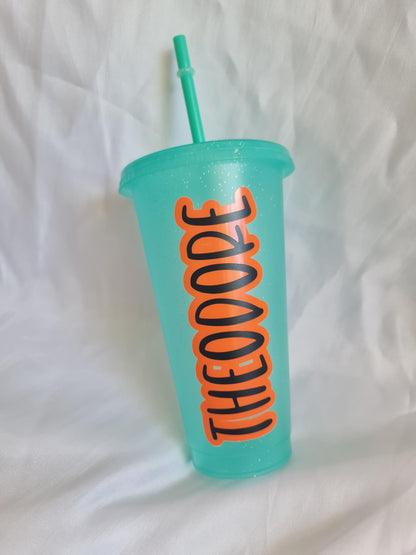 Personalised Kids Cold Cup 16oz  Custom Name Tumbler with Straw  Movie Night, Sleepover, Beach & Pool Cup