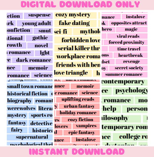 Printable Book Genre Words for Journaling, Book Tracker Stickers, Reading Journal Labels, Bookish Planner Stickers, Digital Download