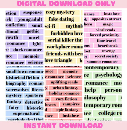 Printable Book Genre Words for Journaling, Book Tracker Stickers, Reading Journal Labels, Bookish Planner Stickers, Digital Download