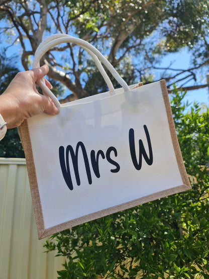 Personalised Canvas Tote Bag, Custom Name Burlap Shopper,  Reusable Market Bag, Teacher Gift, Bridesmaid Tote