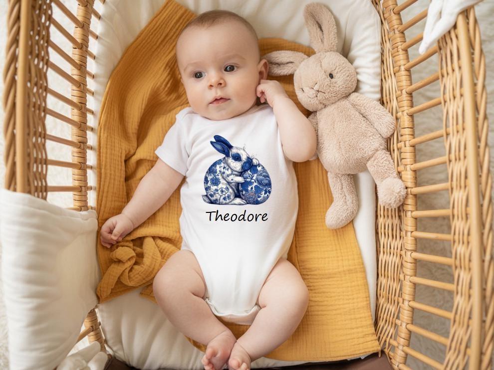 Personalised Easter Bunny Baby Bodysuit  Blue Chinoiserie Bunny  Custom Name Easter Outfit  First Easter Romper
