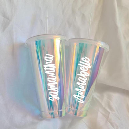 Personalised Bridesmaid Holographic Tumbler  Custom Name Cold Cup  Bridal Party Gift  Bachelorette Drinkware