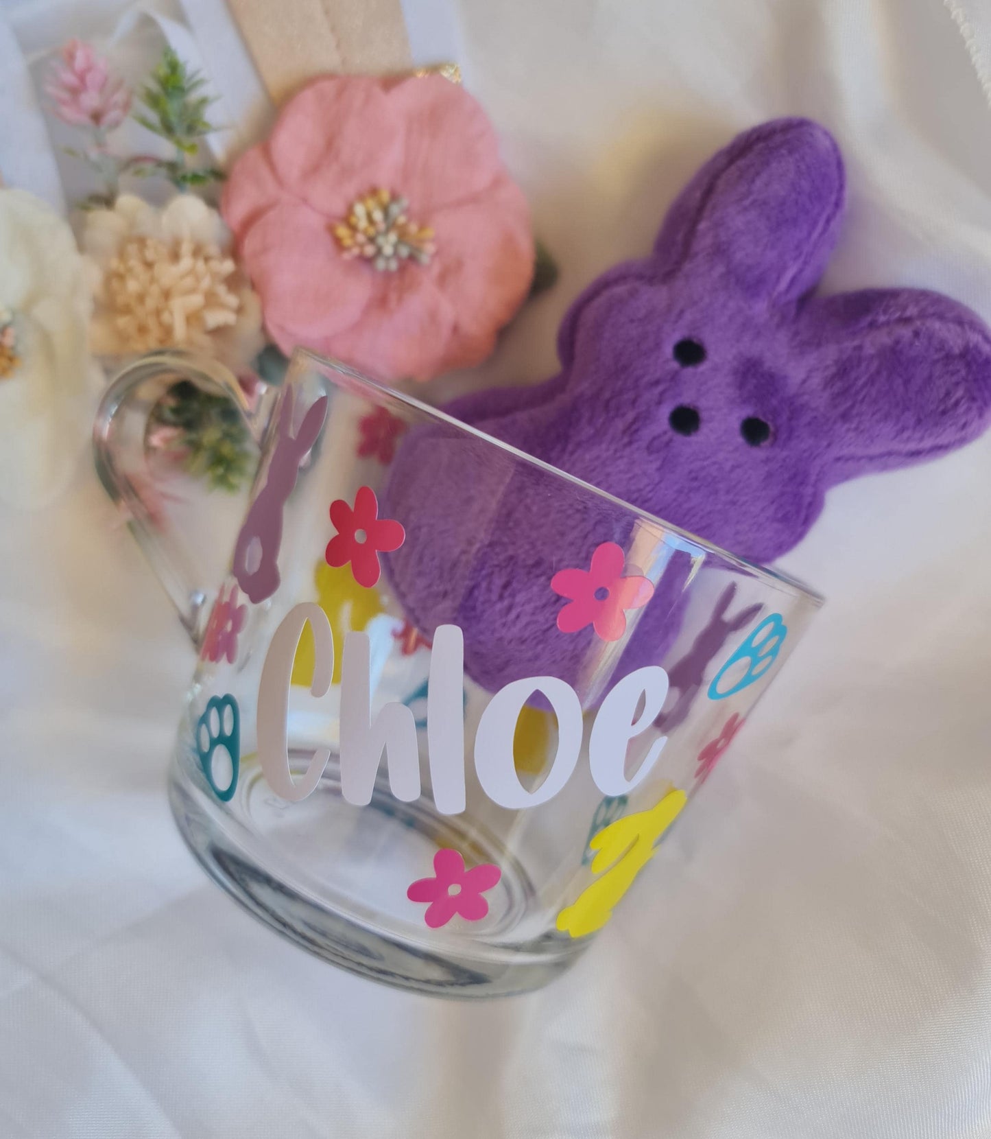 Personalised Easter Glass Mug  Custom Name Bunny Coffee Cup  Easter Gift for Mum or Teacher